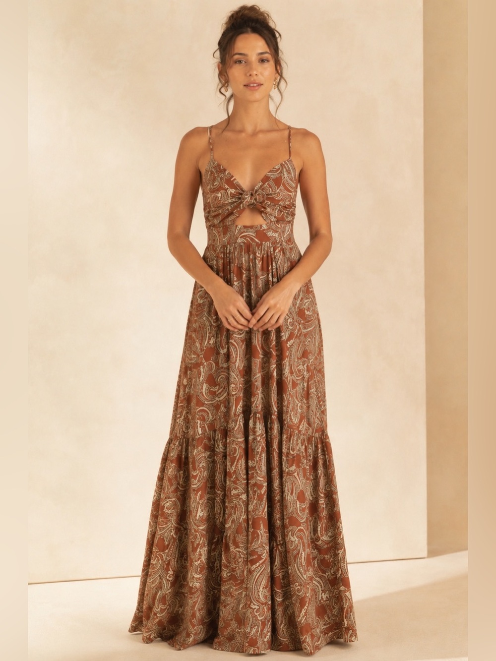 A.L.C. Laura Tie Front Mocha Mint Tropical Paisley Spaghetti Strap Maxi Dress